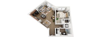 A top-down view of a small apartment layout with a living room, kitchen, and bedroom.