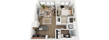 A top-down view of a small apartment layout with a living room, kitchen, and bedroom.