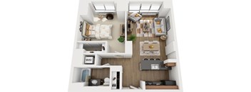 A top-down view of a small apartment with a living room, kitchen, and bedroom.
