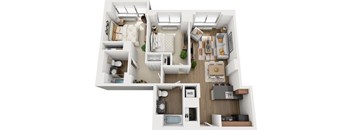 A top-down view of a small apartment with a kitchen, living room, and bathroom.