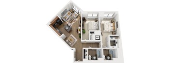 A top-down view of a small apartment layout with a kitchen, living room, and bedrooms.