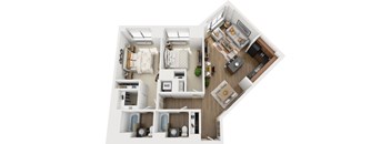 A top-down view of a house layout with two bedrooms, a living room, a kitchen, and a bathroom.