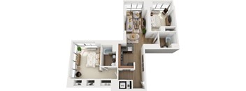 A top-down view of a small apartment layout with a kitchen, living room, and bedroom.