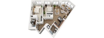 A top-down view of a modern apartment layout with a living room, kitchen, and two bedrooms.