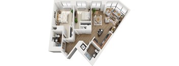 A top-down view of a modern apartment layout with a living room, kitchen, and two bedrooms.