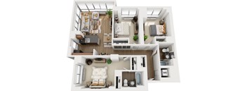 A top-down view of a small apartment with a kitchen, living room, and bedroom.