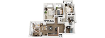 A 3D floor plan of a house with labeled rooms.
