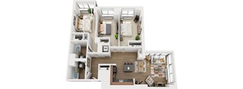 A top-down view of a small apartment layout with a kitchen, living room, and bedrooms.