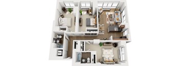 A top-down view of a small apartment with a kitchen, living room, and bedroom.