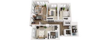 A 3D floor plan of a small apartment with a kitchen, living room, and bedroom.