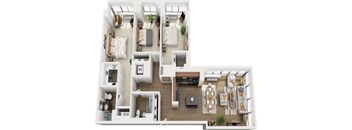 A top-down view of a well-furnished apartment.