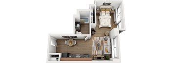 A top-down view of a small, neatly organized apartment with a bedroom, living room, and kitchen.