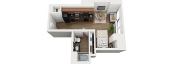 A top-down view of a small apartment with a kitchen, living room, and bedroom.