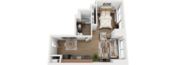 A top-down view of a small apartment with a bedroom, living room, and kitchen.