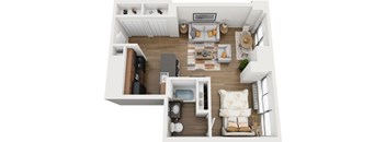 A top-down view of a modern living room with a couch, coffee table, and a bathroom.