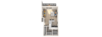 A 3D rendered image of a small apartment layout.