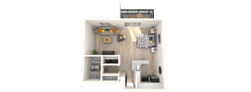 A 3D rendered image of a small apartment layout.