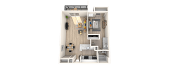 A 3D rendered image of a small apartment layout.