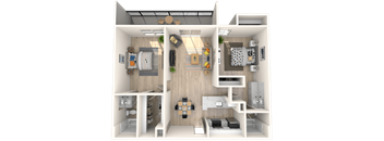 A 3D rendered image of a small apartment layout.