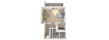 A top-down view of a small, neatly organized apartment with a kitchen, living room, and bedroom.