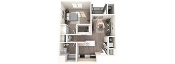 A 3D floor plan of a small apartment with a kitchen, living room, and bedroom.