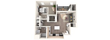 A 3D floor plan of a small apartment with a kitchen, living room, and bedroom.