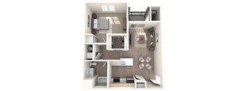 A 3D floor plan of a small apartment with a kitchen, living room, and bathroom.
