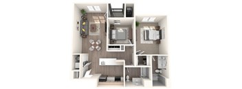 A 3D floor plan of a small apartment with a kitchen, living room, and bedrooms.