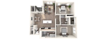 A 3D floor plan of a house showing a kitchen, living room, dining room, and bedrooms.
