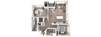 A 3D floor plan of a small apartment with a kitchen, living room, and bedroom.