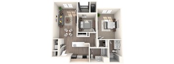 A 3D floor plan of a small apartment with a kitchen, living room, and bedroom.