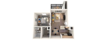 A 3D floor plan of a small apartment with a kitchen, living room, and bathroom.