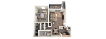 A 3D floor plan of a small apartment with a kitchen, living room, and bedroom.