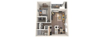 A small apartment with a bedroom, living room, and kitchen.