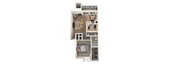 A top-down view of a small apartment with a kitchen, living room, and bedroom.