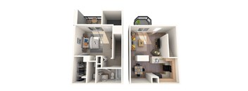 A 3D floor plan of a small apartment with two bedrooms and a living area.