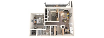 A 3D rendered image of a small apartment layout.