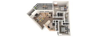 A 3D floor plan of a small apartment with a kitchen, living room, and bathroom.