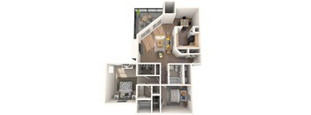 A 3D floor plan of a house showing the layout of the rooms.