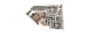 A 3D floor plan of a small apartment with a kitchen, living room, and bathroom.