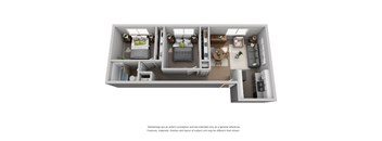 A 3D rendered image of a modern apartment layout.