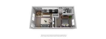 A 3D rendered image of a modern apartment layout.
