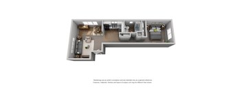 A 3D rendered image of a modern apartment layout.