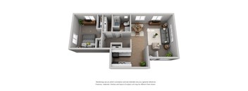 A 3D rendered image of a modern apartment layout.