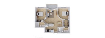 A floor plan of a house with a kitchen, living room, and two bedrooms.