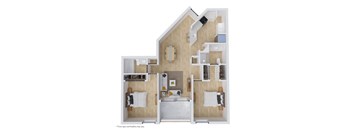 A floor plan of a house with a kitchen, living room, and two bedrooms.