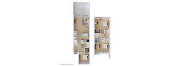 A floor plan of an apartment with two bedrooms and two bathrooms.