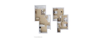 A floor plan of a house with two bedrooms, a living room, a kitchen, and a bathroom.