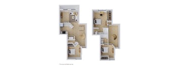 A floor plan of a house with two bedrooms, two bathrooms, a living room, a kitchen, and a dining room.