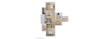 A floor plan of a house with a kitchen, living room, and bedrooms.